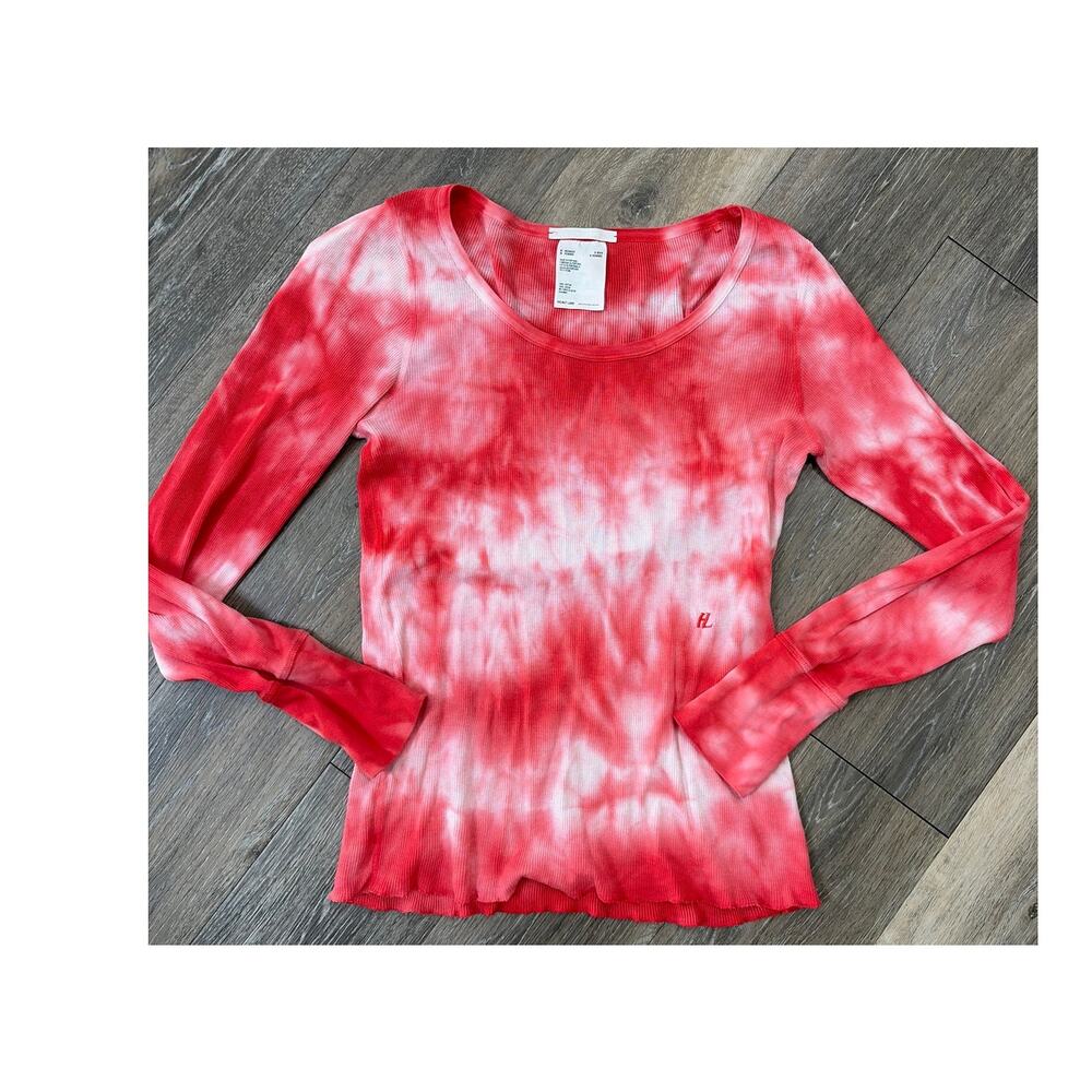 Helmut Lang Tie Dye Ribbed Long Sleeve Top Red White Cotton Slim Minimalist M